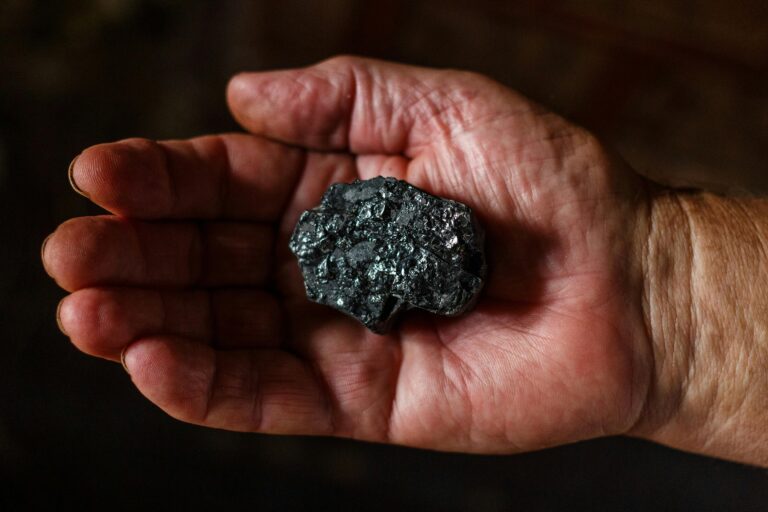 Close-up view of a hand displaying a piece of coal. Ideal for energy or geology themes.